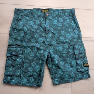 Aussie Bum Cargo6 Cargo Shorts‎ Mens XL Teal Tropical Palm Print Summer Beach